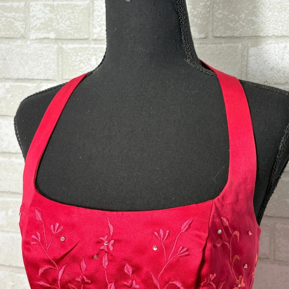 Womens Red Satin Halter Corset Top Small Embroidered Beaded Y2K Coquette Party